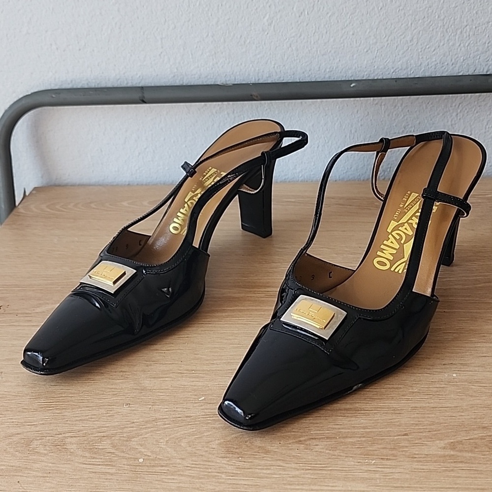Salvatore Ferragamo Black Patent Leather Sling Back Heels 9
